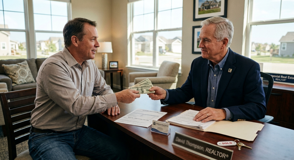 maerican man paying money to another american as Realtor Fees for selling home
